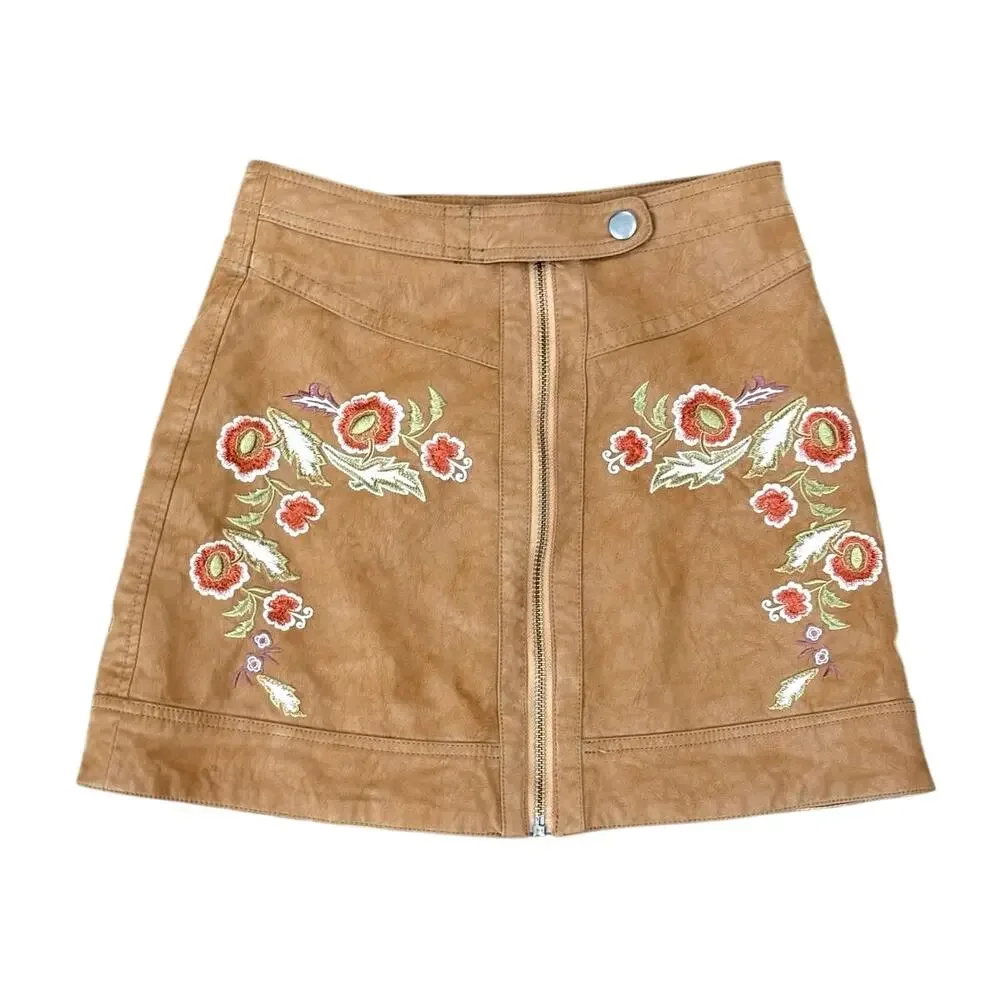 Free People Alanis Moto Brown Faux Leather Embroidered Front Zipper Mini Skirt 2 - Picture 1 of 3